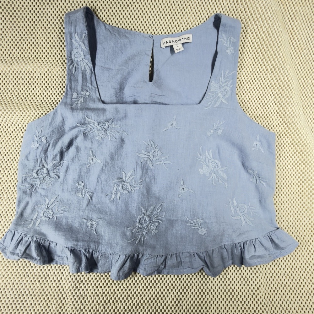 And Now This Women Blue Embroidered Ruffle Crop Top Blouse Cottagecore Size M